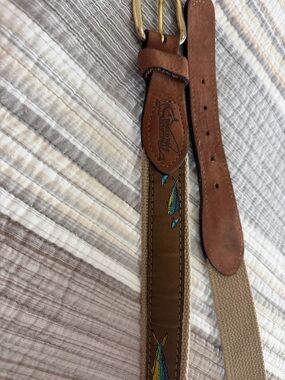 Brown Leather-Trim Fish Embroidered Canvas Belt
